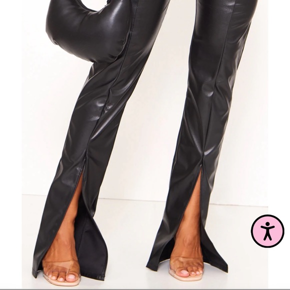 Black Faux Leather Seam Detail Split Hem Pants - Picture 3 of 4
